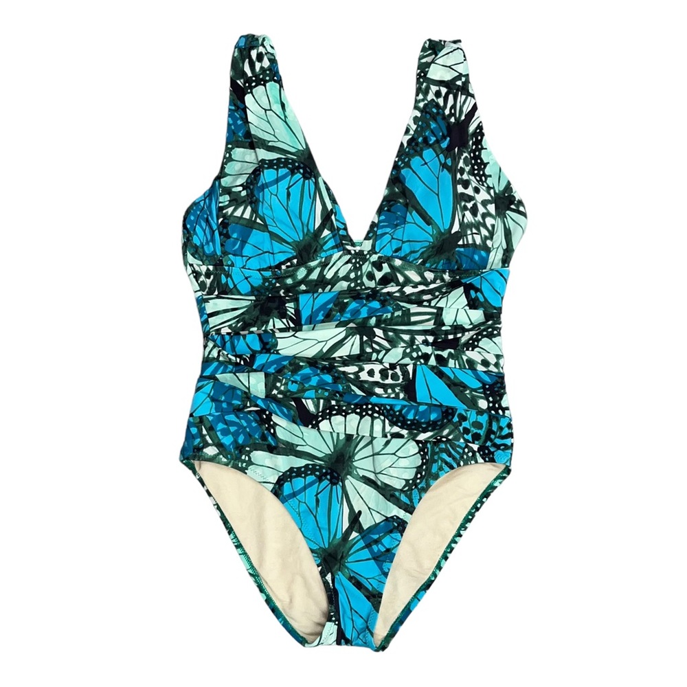 Like New Garnet Hill Slimming One Piece Bathing Suit Butterflies 10 Teal Blue